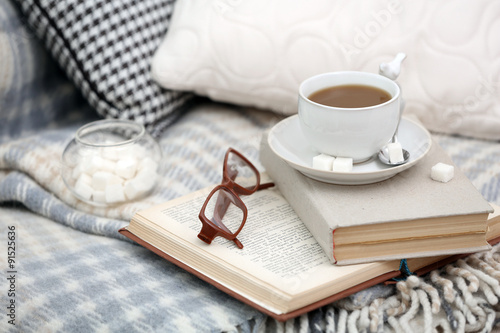 Cup of coffee with books on sofa in living room