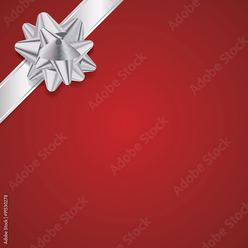 Red Christmas Background with Silver Bow and Ribbon