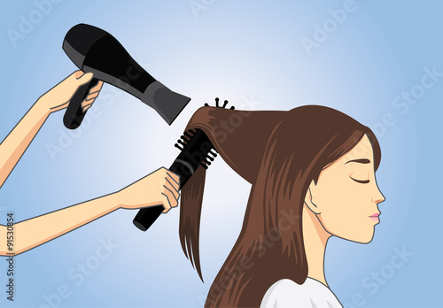 Hairdresser using hairdryer blow drying to customer at salon.