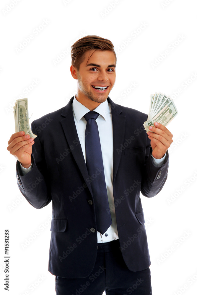 Elegant man in suit holding money isolated on white Elegant man in suit holding money isolated on white