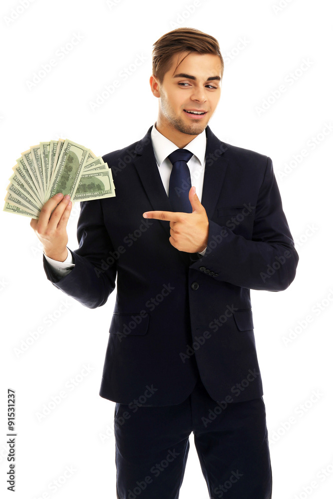 Elegant man in suit holding money isolated on white Elegant man in suit holding money isolated on white