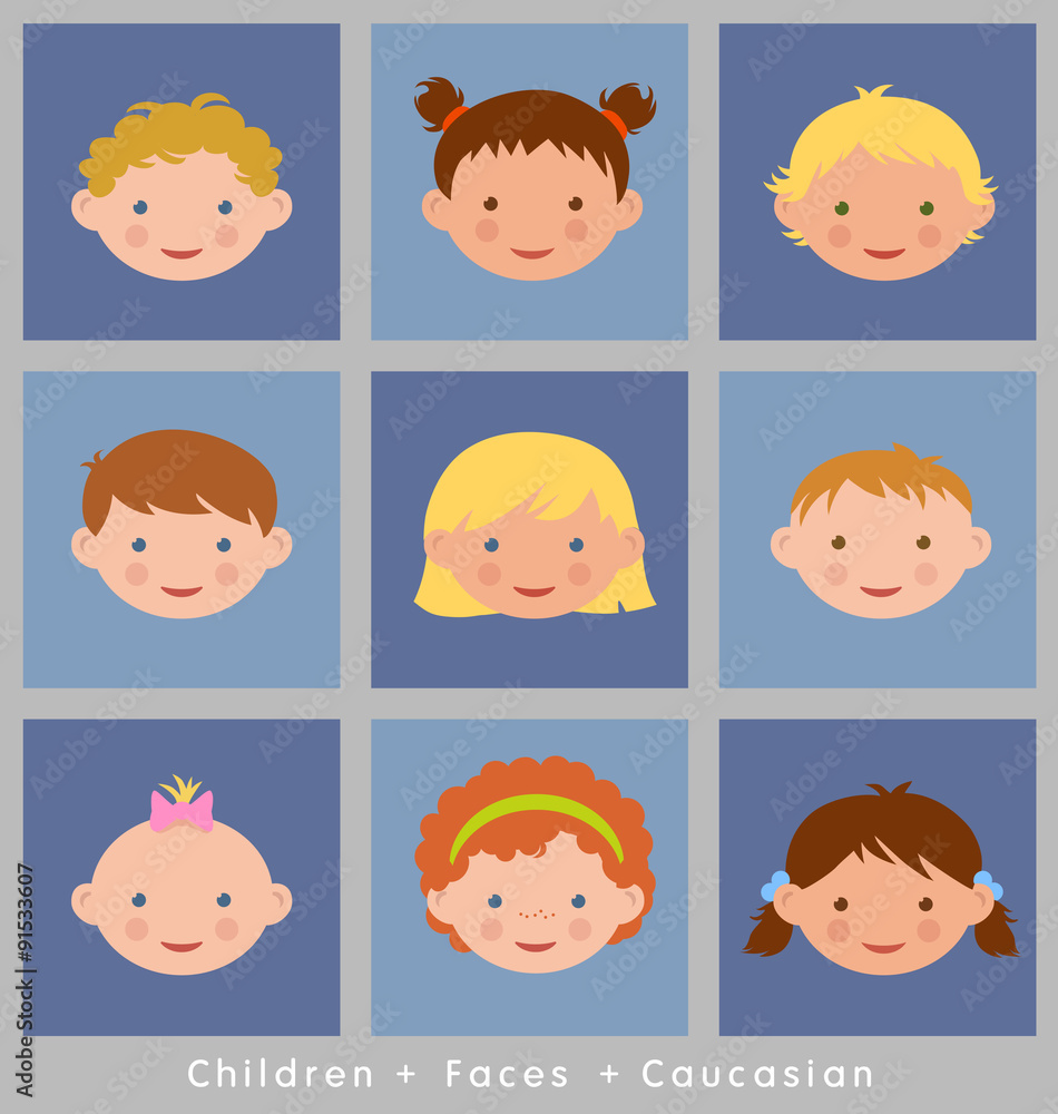 cute faces of children illustrated in flat style. caucasian. cute faces of children illustrated in flat style. caucasian.