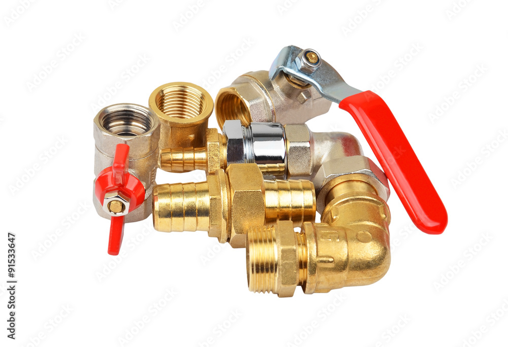 Plumbing fitting and ball valve, isolated on white background Plumbing fitting and ball valve, isolated on white background
