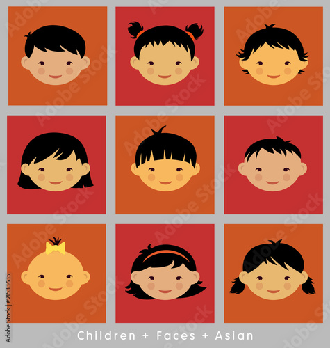 cute faces of children illustrated in flat style. Asian.