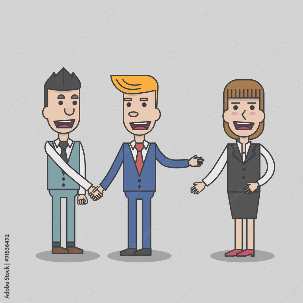 Two Business man hand shake together and introduce work team busines woman, vector, illustration