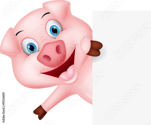 Happy pig cartoon with sign