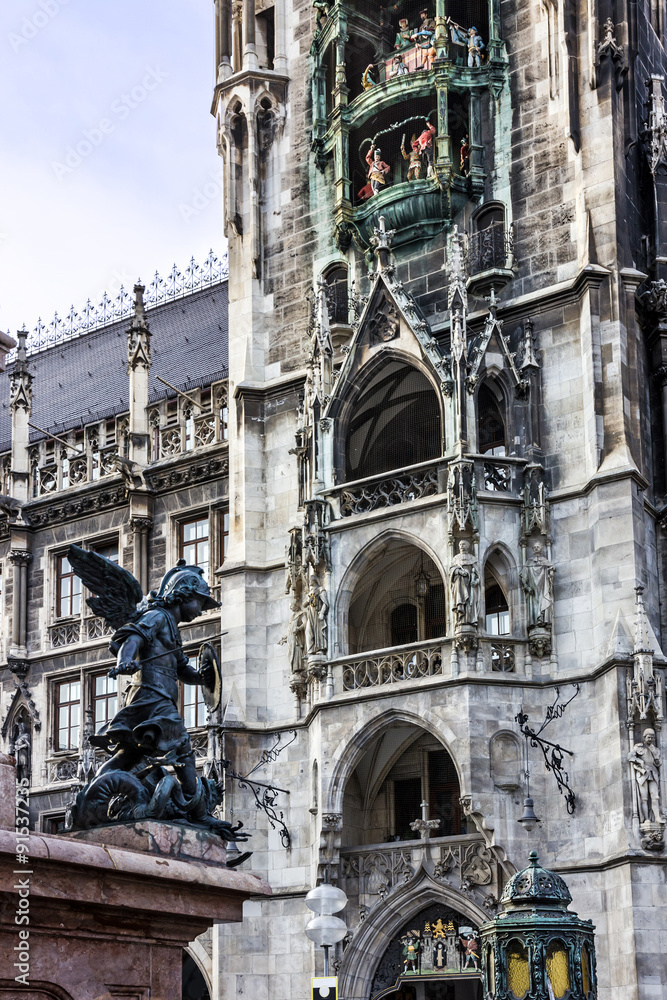 Obraz premium Marienplatz, clock tower, Munich, Germany. Town Hall building