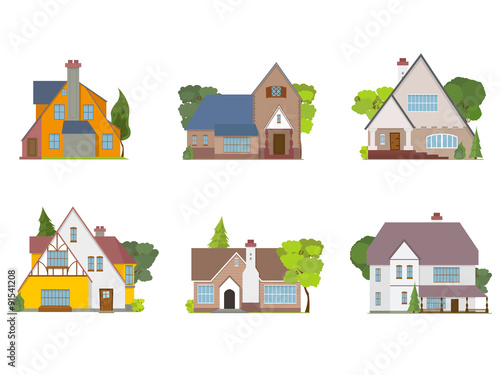 town houses and cottages isolated flat icons.