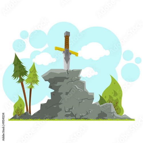 Excalibur waits for the liberator - a great warrior and king. Sword in the Stone. vector illustration.