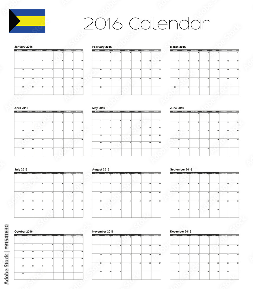 2016 Calendar with the Flag of Bahamas 2016 Calendar with the Flag of Bahamas