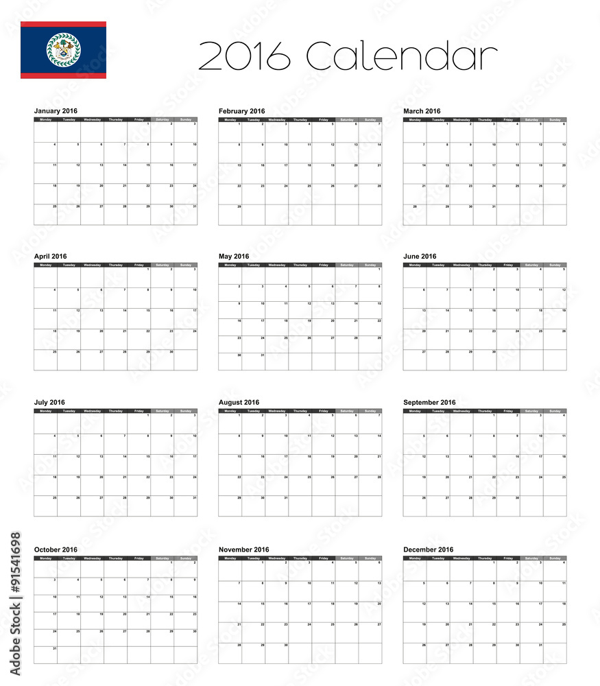 2016 Calendar with the Flag of Belize 2016 Calendar with the Flag of Belize