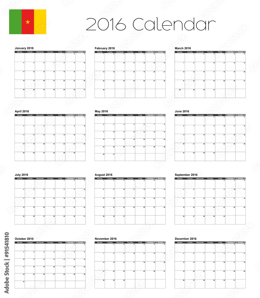 2016 Calendar with the Flag of Cameroon 2016 Calendar with the Flag of Cameroon