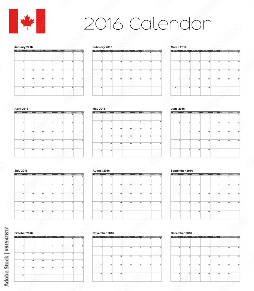 2016 Calendar with the Flag of Canada 2016 Calendar with the Flag of Canada