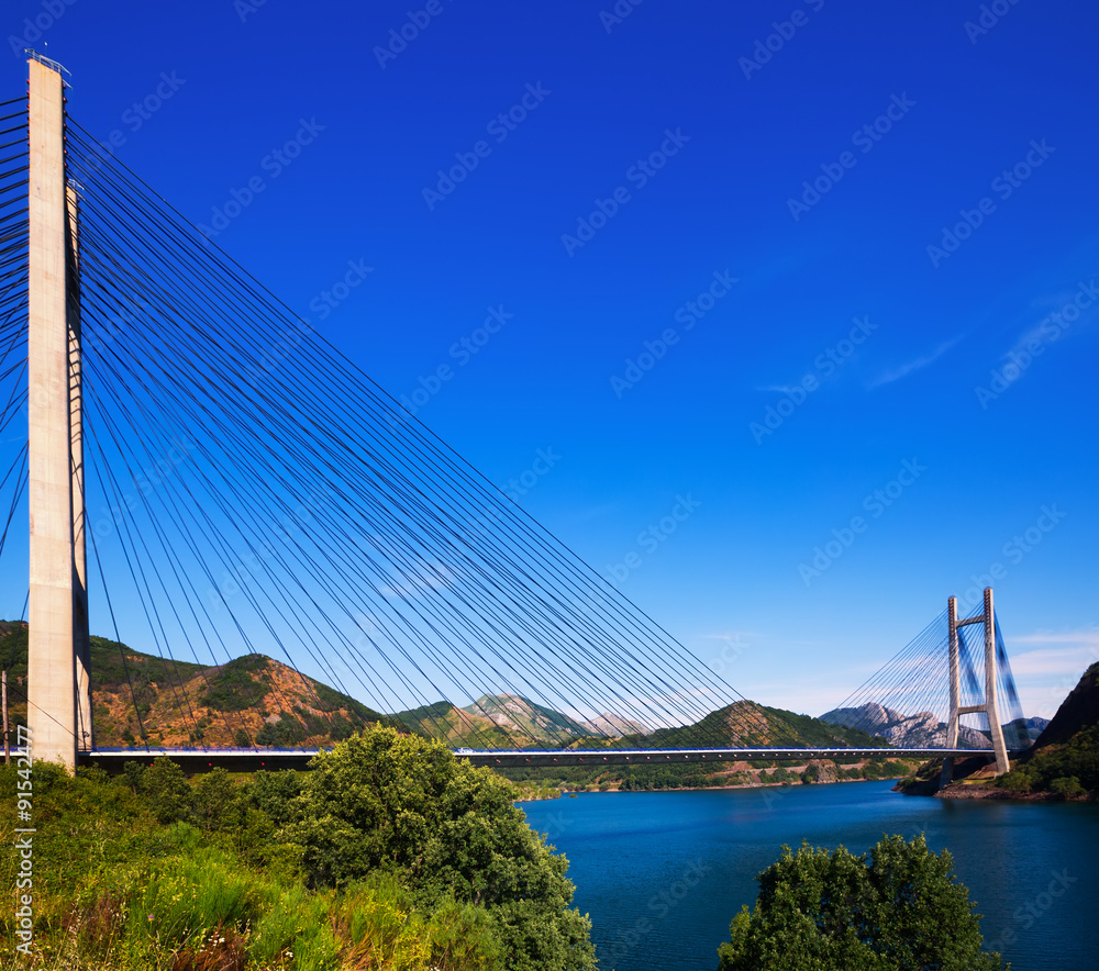 Obraz premium cable-stayed bridge over lake in mountains