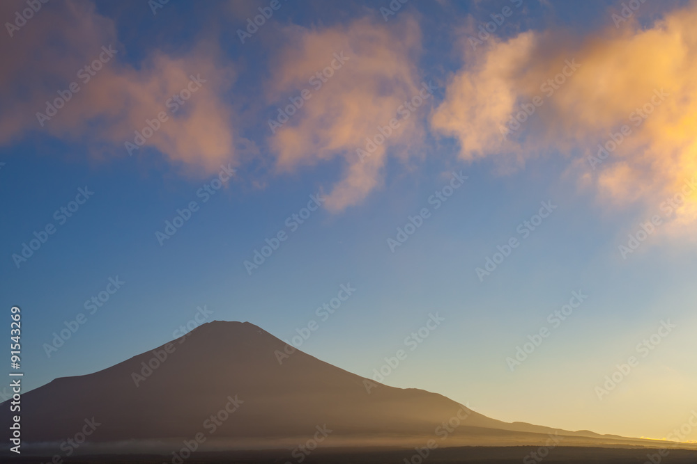 Mountain Fuji and cloud with beautiful sunset sky at lake Yamanakako in summer evening Mountain Fuji and cloud with beautiful sunset sky at lake Yamanakako in summer evening