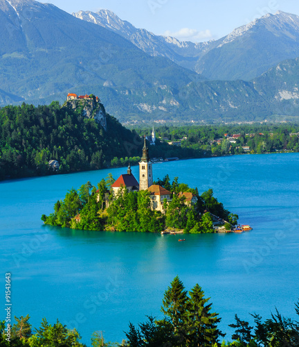 Canvas Print Island Bled in the lake and alps in summertime, Slovenia