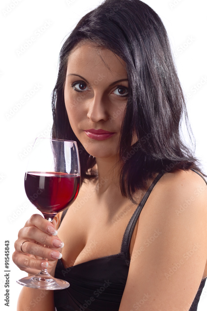 woman with red wine on white background woman with red wine on white background