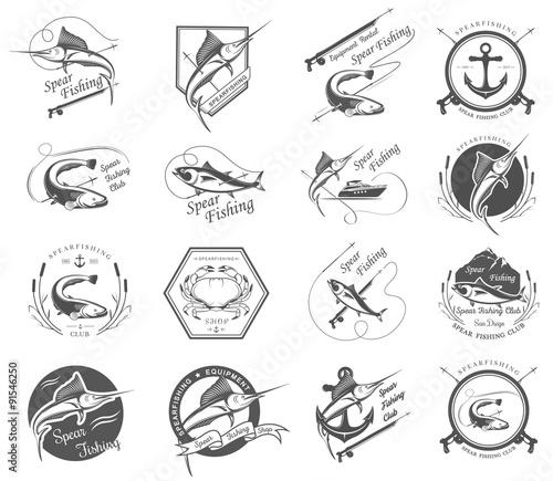 Big set of logos, badges, stickers and prints spearfishing isolated on white background. Premium vector label for spearfishing and underwater swimming - Stock Vector