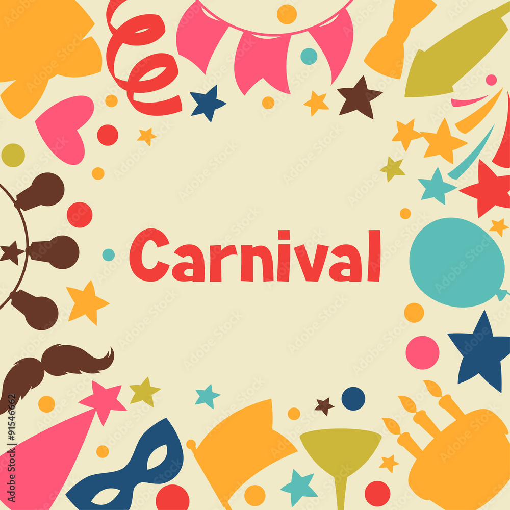 Naklejka premium Carnival show and party greeting card with celebration objects