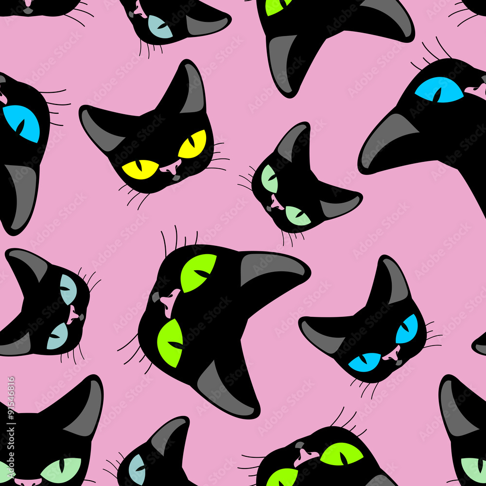 Black cat  pink background seamless pattekrn. Vector background