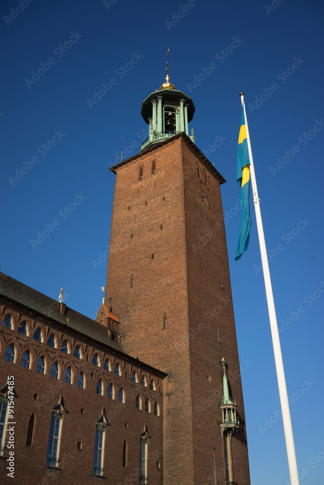 Stockholm City Hall with Swedish National Flag, Stockholm, Sweden