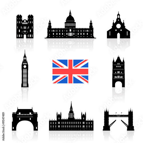 England Landmarks Icon Set.