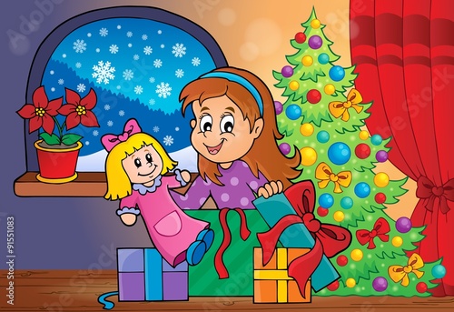 Girl unpacking Christmas gifts theme 2