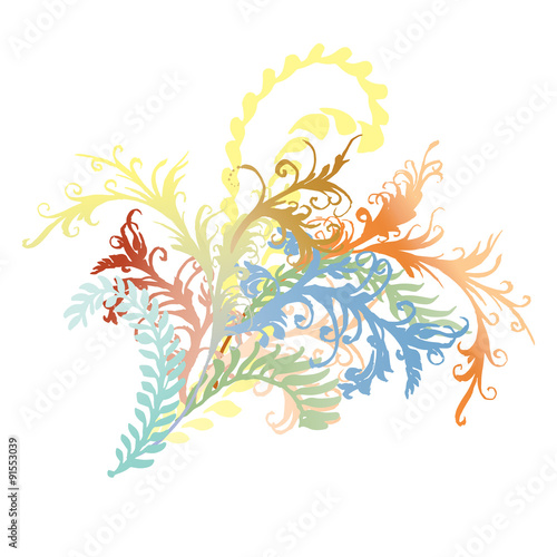 Ornate curly flower vines and leaves illustration. Colorful fern flourishes, hand-drawn curly floral burst. 
