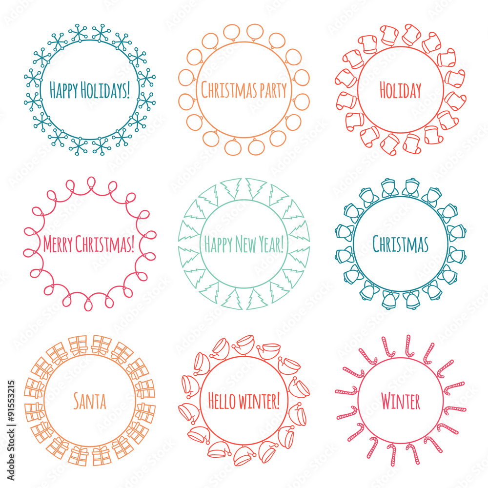 Set of 2016 Christmas season hand drawn vector line border and Set of 2016 Christmas season hand drawn vector line border and