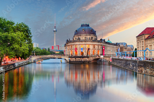 Berlin, Bode museum with reflection in Spree, Germany