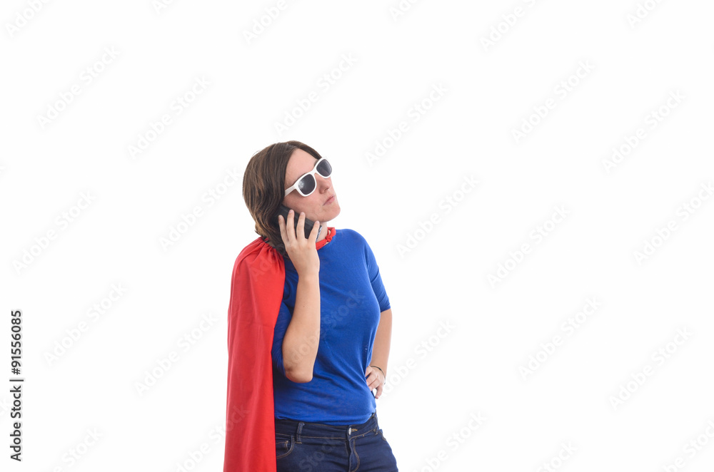 Woman superhero with red cape, white background. Woman superhero with red cape, white background.