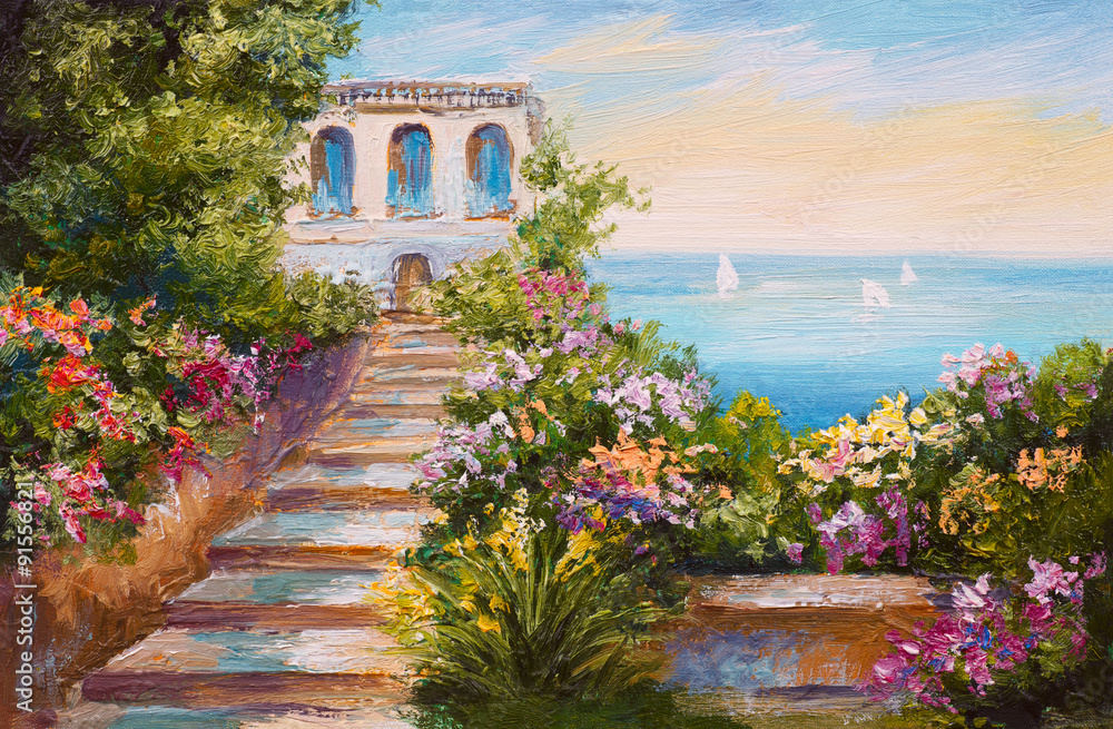 Fototapeta premium oil painting - house near the sea, colorful flowers, summer seascape