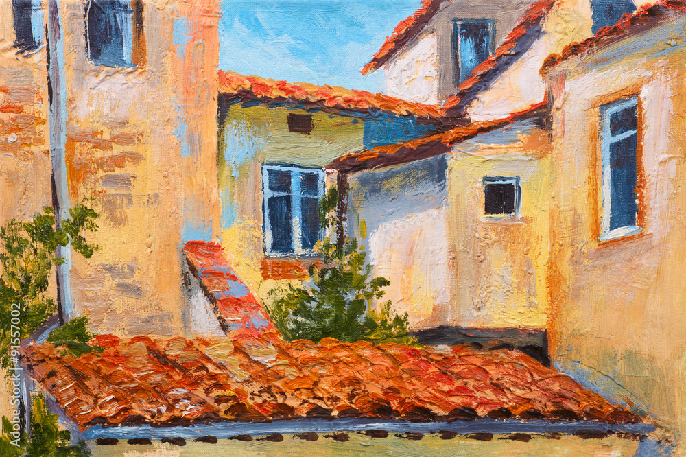 Fototapeta premium colorful oil painting - roofs of houses, European street, art impressionism