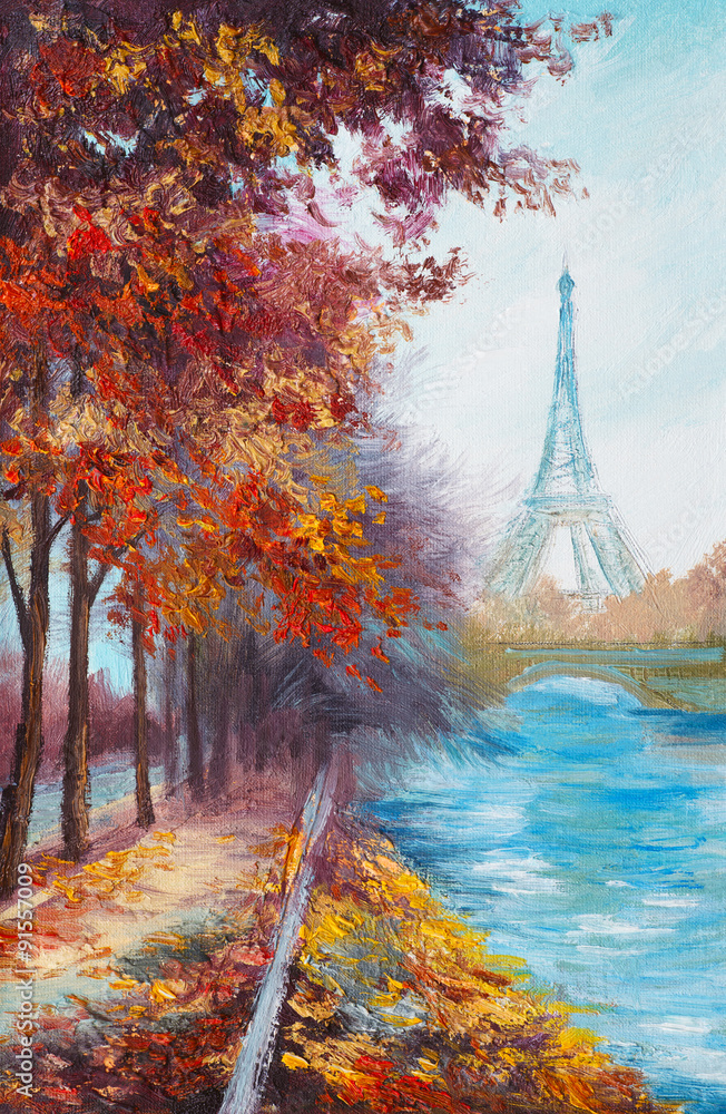 Oil painting of Eiffel Tower, France, autumn landscape - obrazy, fototapety, plakaty 