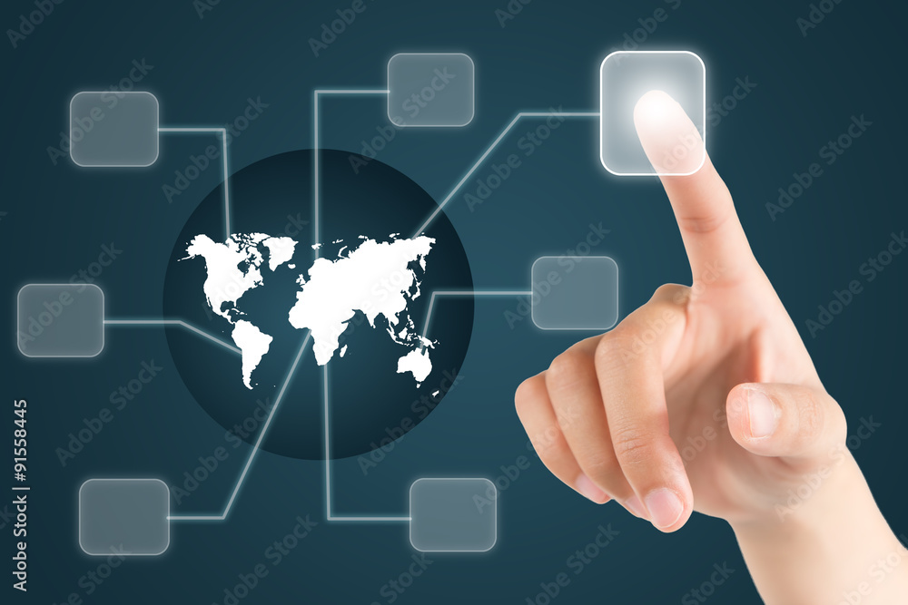 Hand Woman touch the button around the world map Hand Woman touch the button around the world map