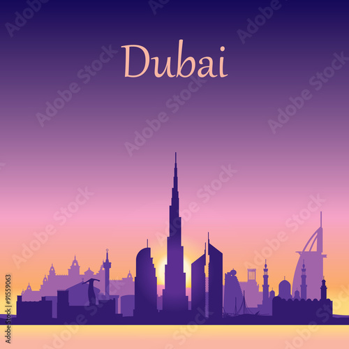Dubai skyline silhouette on sunset background