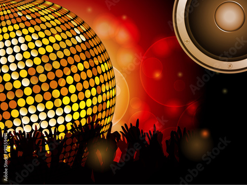 Disco ball and crowd with speaker