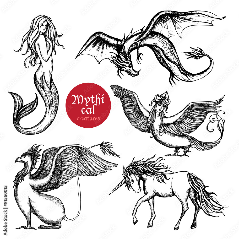 Mythical Creatures Hand Drawn Sketch Set Stock Vector | Adobe Stock