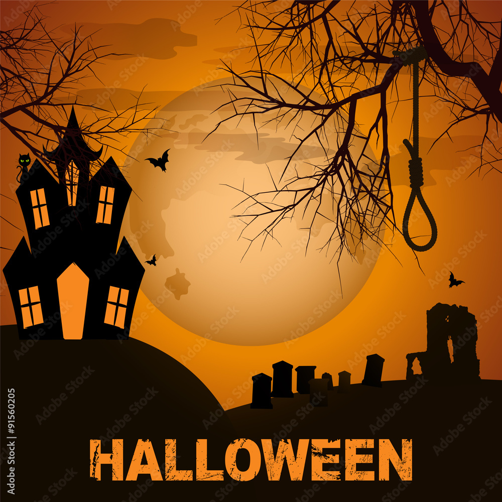 Halloween background with spooky house trees and graveyard