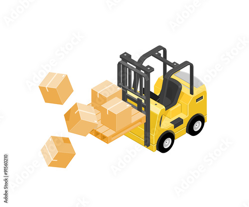 Isometric Industrial accident concept icon illustration - A vector illustration of a forklift truck carrying boxes that have fallen. Forklift truck dropping cardboard boxes.