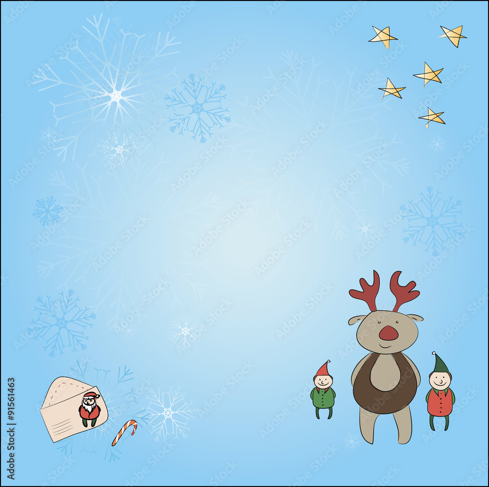 A christmas card square with reindeer and elves. snowflakes, stars, Santa Claus, the envelope and the other located on separate layers A christmas card square with reindeer and elves. snowflakes, stars, Santa Claus, the envelope and the other located on separate layers