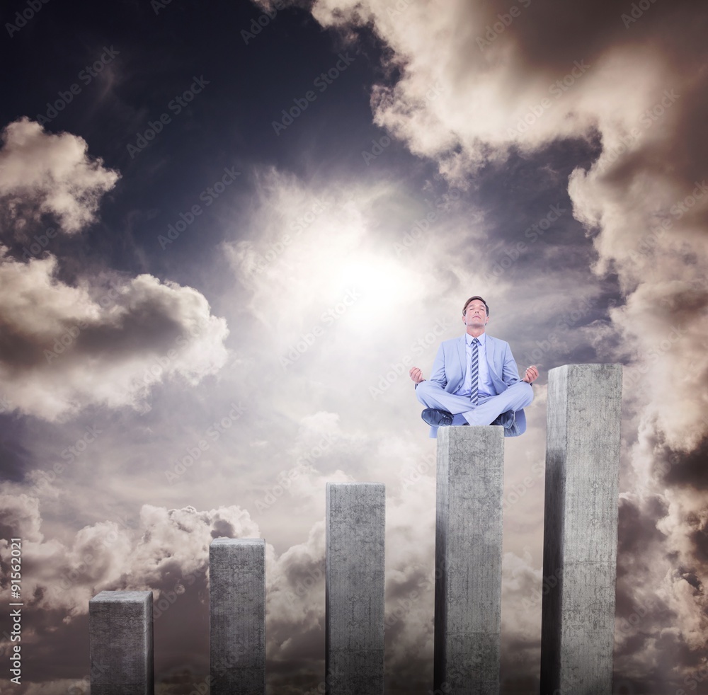 Composite image of calm businessman meditating in lotus pose Composite image of calm businessman meditating in lotus pose