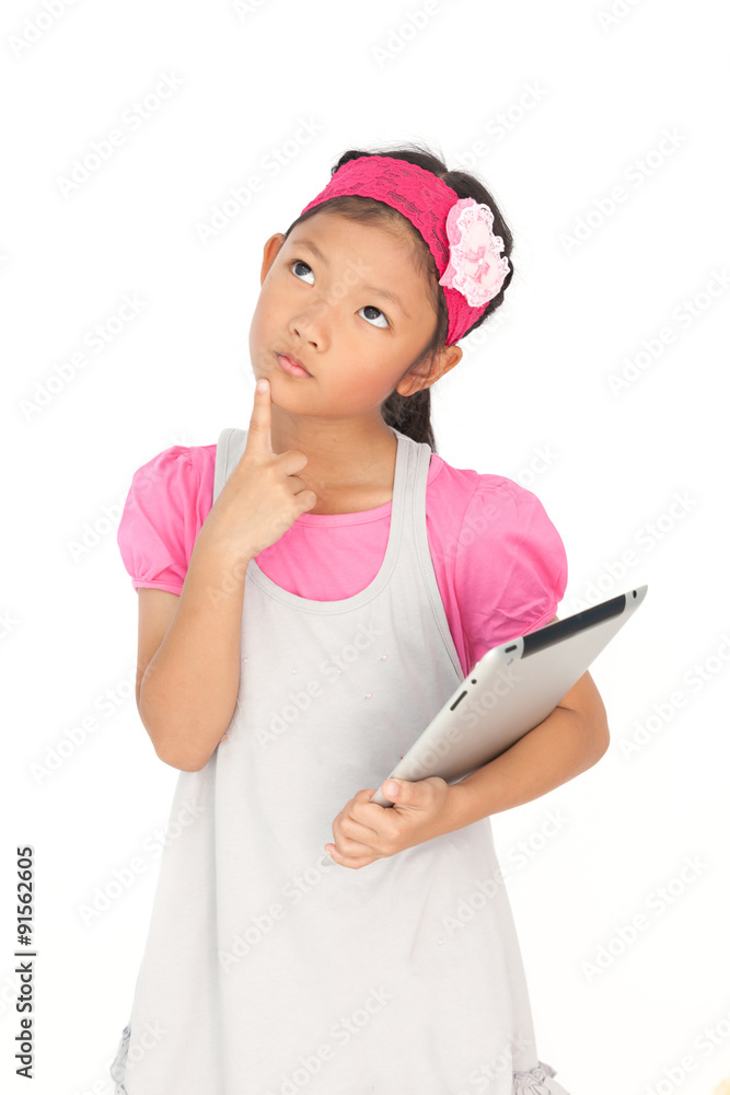 Little asian girl with tablet pc isolate on white background Little asian girl with tablet pc isolate on white background