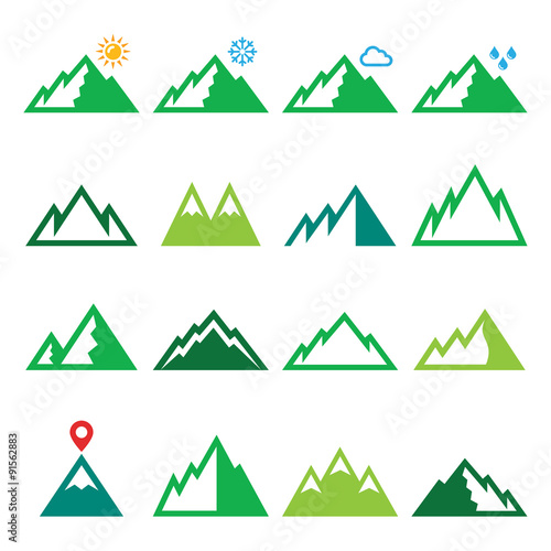 Mountains, nature vector green icons set 
