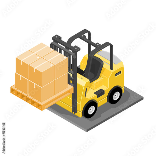 Isometric forklift truck icon vector illustration - A vector illustration of a forklift truck carrying boxes. industrial vehicle loading and unloading cardboard boxes.