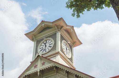 Sapporo city clock tower and blue sky in summer at hokkaido