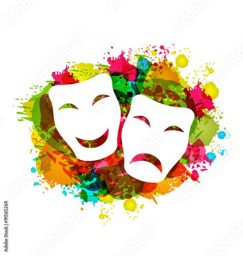 Fototapeta Naklejka Na Ścianę i Meble -  Comedy and tragedy simple masks for Carnival on colorful grunge 