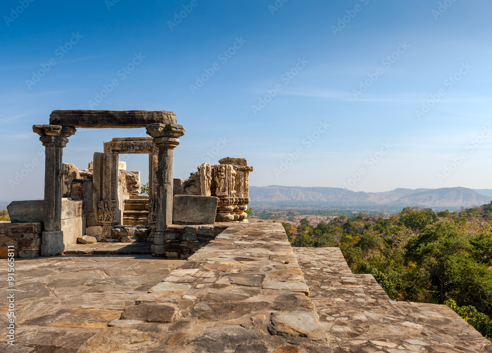 Ruined temple in the Kumbhalgarh fort complex, Rajasthan, India,