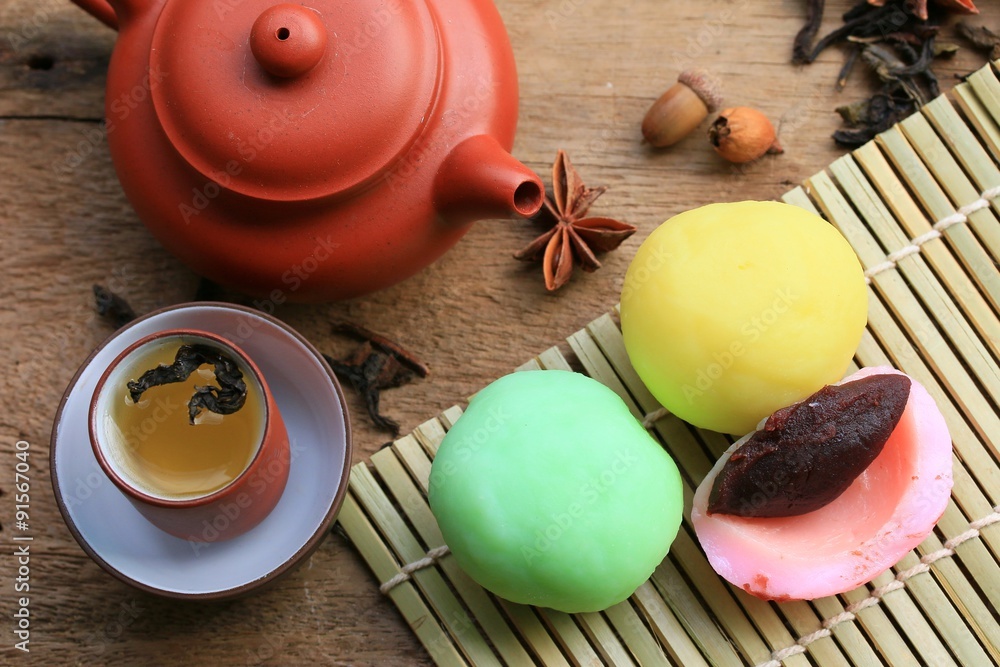 Mochi japanese dessert red bean colorful and hot tea Mochi japanese dessert red bean colorful and hot tea