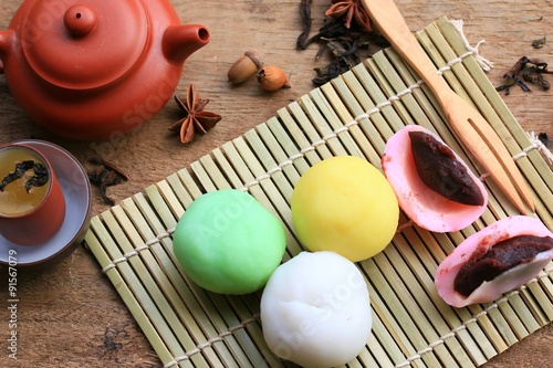 Mochi japanese dessert red bean colorful and hot tea